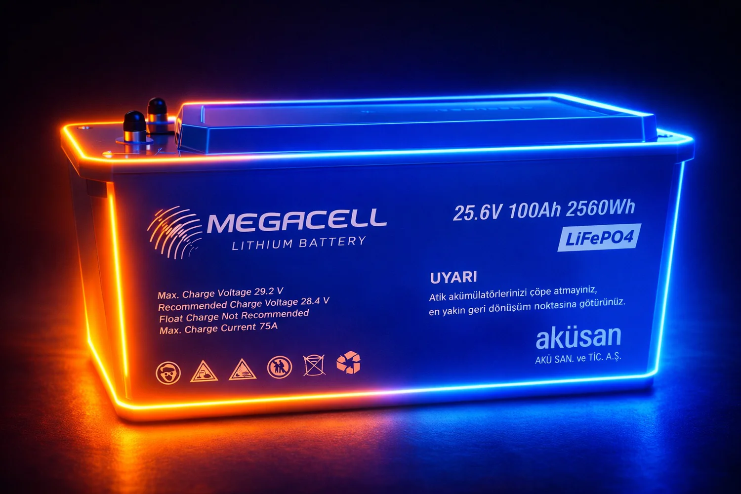 Megacell 25,6V 100Ah LİTYUM LiFEPO4 PRİZMATİK - ABS/Bluetooth